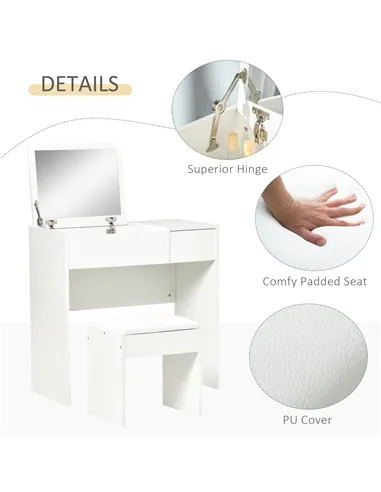HOMCOM Makeup Desk with Drawer, Vanity Table Set with Flip-up Mirror and Cushioned Stool, White