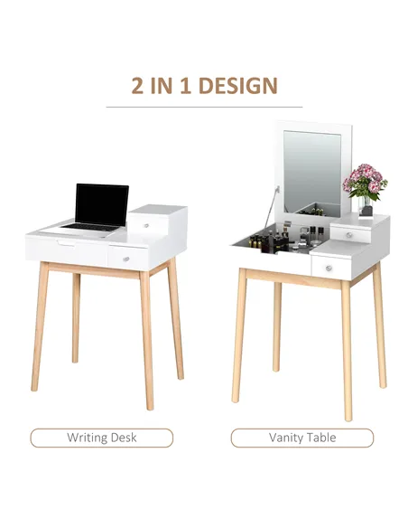 HOMCOM Dressing Table with Flip-up Mirror, Makeup Desk with 2 Drawers, Vanity Table Writing Desk for Bedroom Living Room, White