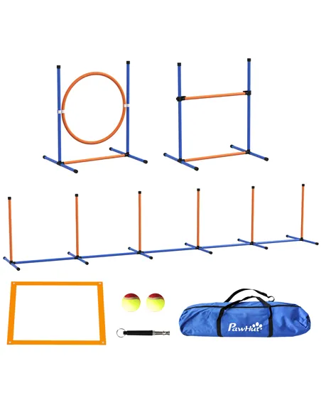 PawHut Dog Agility Training Equipment with Weave Poles, Jump Ring, Pause Box, Adjustable Hurdle, Carry Bag, Orange