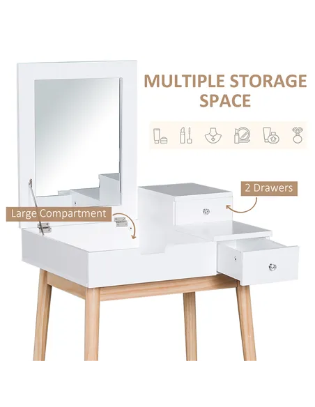HOMCOM Dressing Table with Flip-up Mirror, Makeup Desk with 2 Drawers, Vanity Table Writing Desk for Bedroom Living Room, White