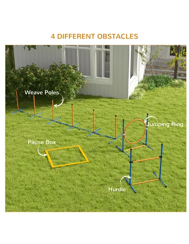 PawHut Dog Agility Training Equipment with Weave Poles, Jump Ring, Pause Box, Adjustable Hurdle, Carry Bag, Orange