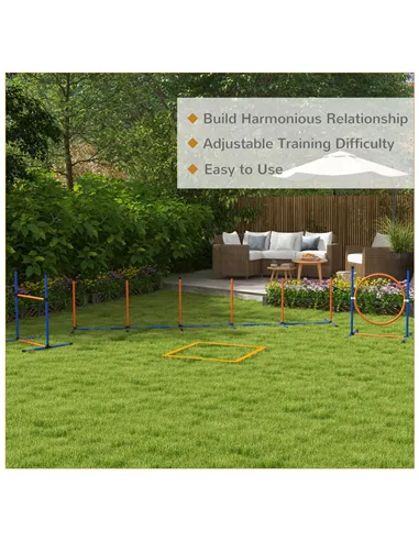 PawHut Dog Agility Training Equipment with Weave Poles, Jump Ring, Pause Box, Adjustable Hurdle, Carry Bag, Orange