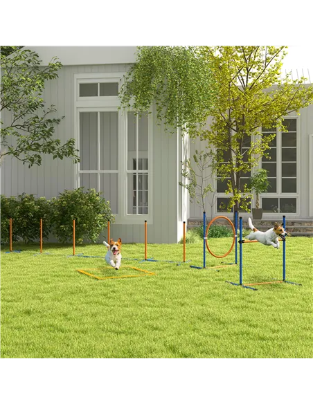 PawHut Eight-Piece Dog Agility Equipment Set with Weave Poles, Jump Ring, Hurdle, Pause Box, Training Shorts, Bag, Orange
