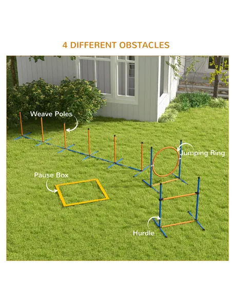 PawHut Eight-Piece Dog Agility Equipment Set with Weave Poles, Jump Ring, Hurdle, Pause Box, Training Shorts, Bag, Orange