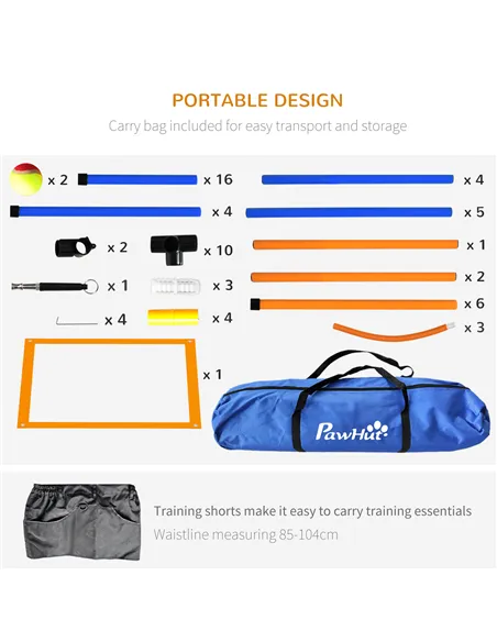 PawHut Eight-Piece Dog Agility Equipment Set with Weave Poles, Jump Ring, Hurdle, Pause Box, Training Shorts, Bag, Orange