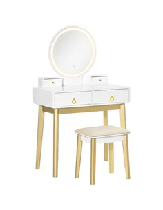 HOMCOM Dressing Table Set with Mirror, Built-in 3 Color LED Light, Vanity Makeup Table with 4 Drawers and Cushioned Stool for Be