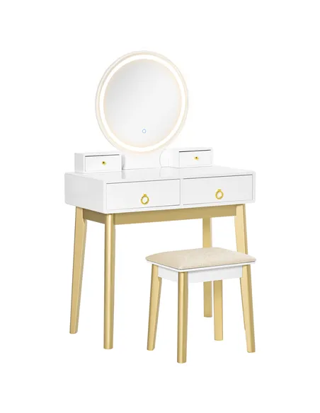 HOMCOM Dressing Table Set with Mirror, Built-in 3 Color LED Light, Vanity Makeup Table with 4 Drawers and Cushioned Stool for Be