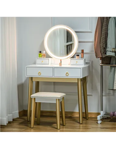 HOMCOM Dressing Table Set with Mirror, Built-in 3 Color LED Light, Vanity Makeup Table with 4 Drawers and Cushioned Stool for Be