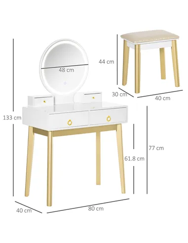 HOMCOM Dressing Table Set with Mirror, Built-in 3 Color LED Light, Vanity Makeup Table with 4 Drawers and Cushioned Stool for Be