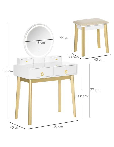 HOMCOM Dressing Table Set with Mirror, Built-in 3 Color LED Light, Vanity Makeup Table with 4 Drawers and Cushioned Stool for Be