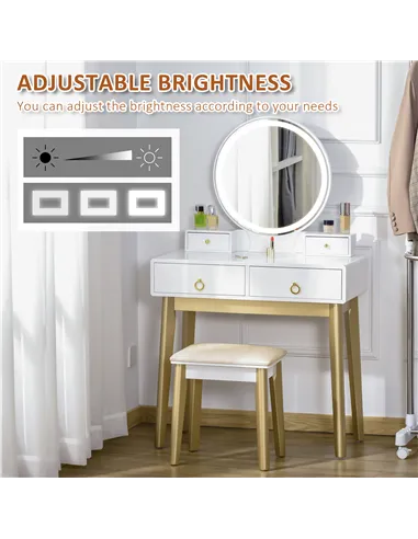 HOMCOM Dressing Table Set with Mirror, Built-in 3 Color LED Light, Vanity Makeup Table with 4 Drawers and Cushioned Stool for Be