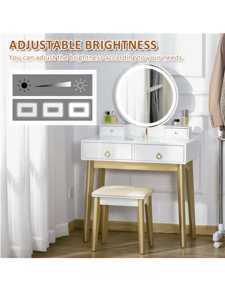 HOMCOM Dressing Table Set with Mirror, Built-in 3 Color LED Light, Vanity Makeup Table with 4 Drawers and Cushioned Stool for Be