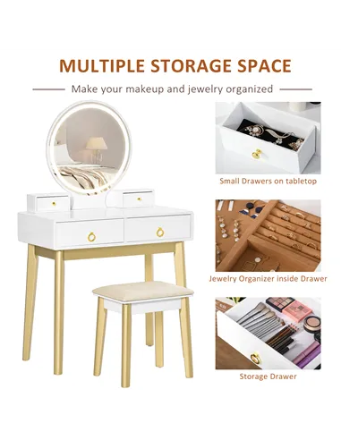 HOMCOM Dressing Table Set with Mirror, Built-in 3 Color LED Light, Vanity Makeup Table with 4 Drawers and Cushioned Stool for Be