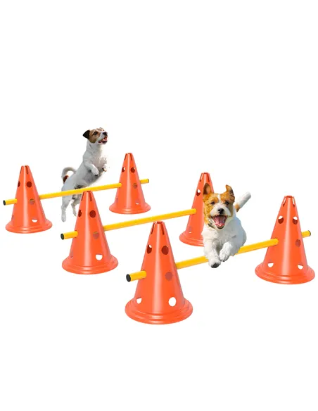 PawHut Dog Agility Equipment Set of Six Cones, Six Poles with Carry Bag, Three-Piece Adjustable Height Jumping Obstacles Orange