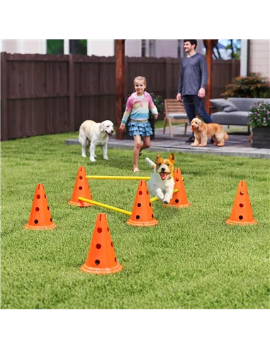 PawHut Dog Agility Equipment Set of Six Cones, Six Poles with Carry Bag, Three-Piece Adjustable Height Jumping Obstacles Orange