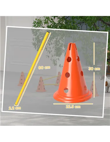 PawHut Dog Agility Equipment Set of Six Cones, Six Poles with Carry Bag, Three-Piece Adjustable Height Jumping Obstacles Orange