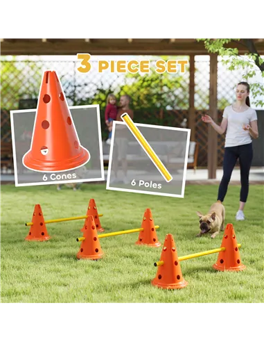 PawHut Dog Agility Equipment Set of Six Cones, Six Poles with Carry Bag, Three-Piece Adjustable Height Jumping Obstacles Orange