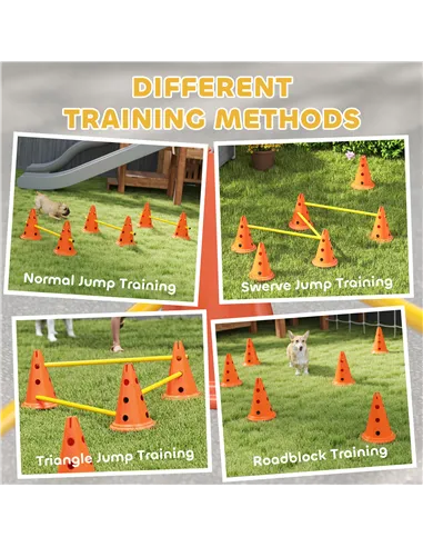 PawHut Dog Agility Equipment Set of Six Cones, Six Poles with Carry Bag, Three-Piece Adjustable Height Jumping Obstacles Orange