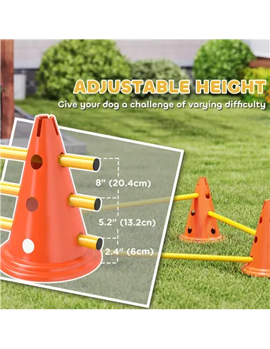 PawHut Dog Agility Equipment Set of Six Cones, Six Poles with Carry Bag, Three-Piece Adjustable Height Jumping Obstacles Orange