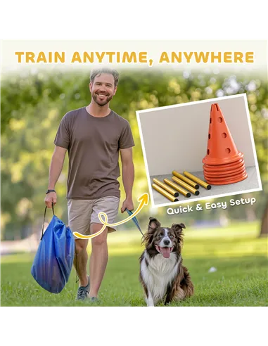 PawHut Dog Agility Equipment Set of Six Cones, Six Poles with Carry Bag, Three-Piece Adjustable Height Jumping Obstacles Orange