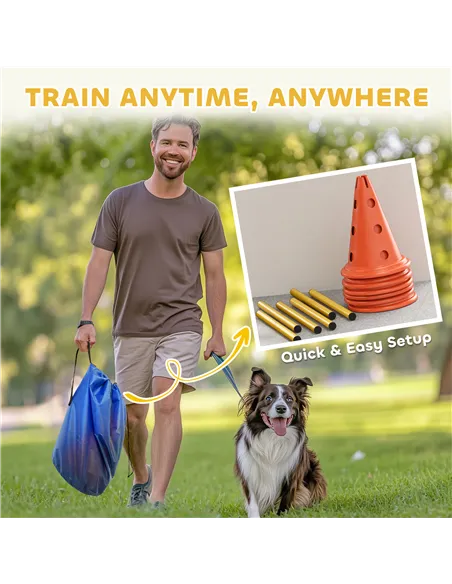 PawHut Dog Agility Equipment Set of Six Cones, Six Poles with Carry Bag, Three-Piece Adjustable Height Jumping Obstacles Orange
