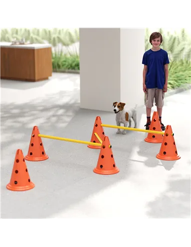PawHut Dog Agility Equipment Set of Six Cones, Six Poles with Carry Bag, Three-Piece Adjustable Height Jumping Obstacles Orange