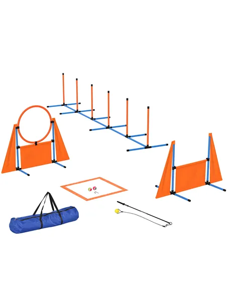 PawHut Seven-Piece Dog Agility Equipment Set with Weave Poles, Jump Ring, Hurdle, Pause Box, Carry Bag, Orange