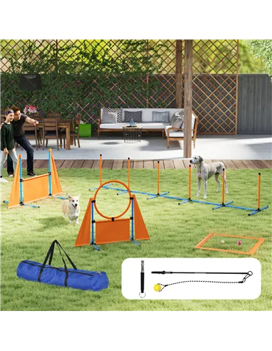 PawHut Seven-Piece Dog Agility Equipment Set with Weave Poles, Jump Ring, Hurdle, Pause Box, Carry Bag, Orange