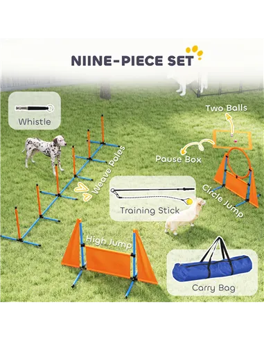 PawHut Seven-Piece Dog Agility Equipment Set with Weave Poles, Jump Ring, Hurdle, Pause Box, Carry Bag, Orange