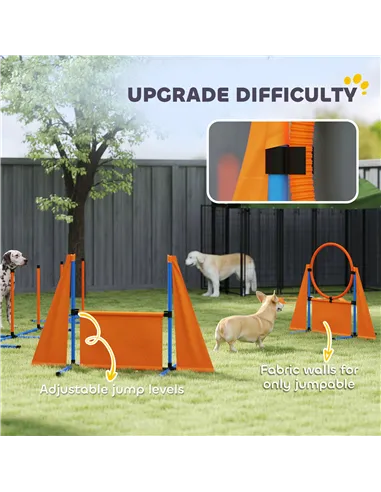 PawHut Seven-Piece Dog Agility Equipment Set with Weave Poles, Jump Ring, Hurdle, Pause Box, Carry Bag, Orange
