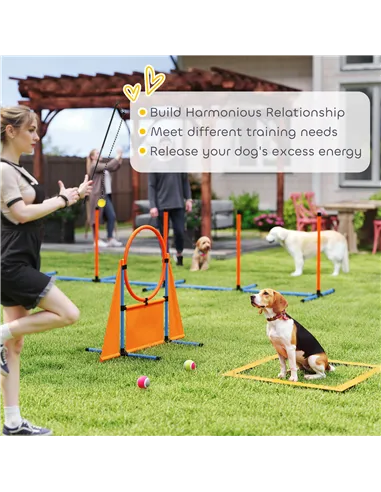 PawHut Seven-Piece Dog Agility Equipment Set with Weave Poles, Jump Ring, Hurdle, Pause Box, Carry Bag, Orange