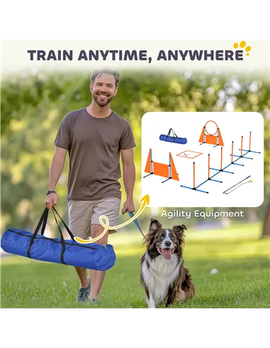 PawHut Seven-Piece Dog Agility Equipment Set with Weave Poles, Jump Ring, Hurdle, Pause Box, Carry Bag, Orange