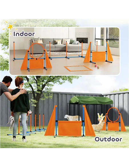 PawHut Seven-Piece Dog Agility Equipment Set with Weave Poles, Jump Ring, Hurdle, Pause Box, Carry Bag, Orange