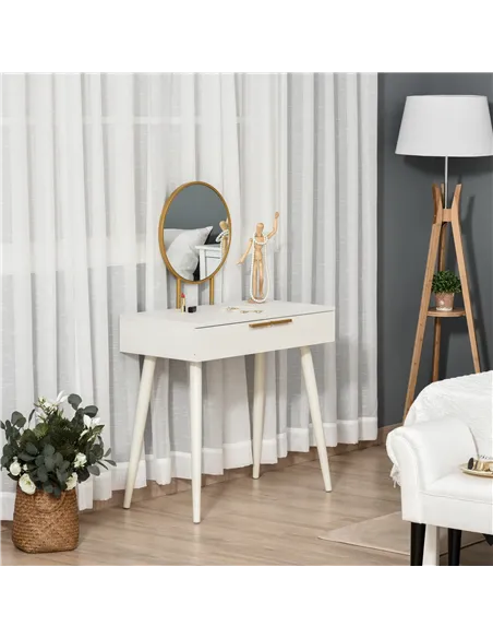HOMCOM Elegant Dressing Table, with Round Mirror, 80 x 40 x 123 cm - White