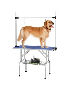 PawHut 42" Dog Grooming Table, Adjustable Pet Cat Drying Beauty Table with 2 Loops Storage Basket, Rubber Top, Blue