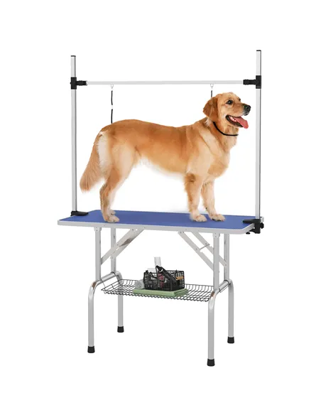 PawHut 42" Dog Grooming Table, Adjustable Pet Cat Drying Beauty Table with 2 Loops Storage Basket, Rubber Top, Blue