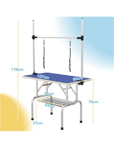 PawHut 42" Dog Grooming Table, Adjustable Pet Cat Drying Beauty Table with 2 Loops Storage Basket, Rubber Top, Blue