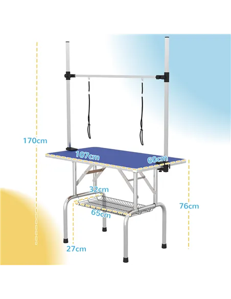 PawHut 42" Dog Grooming Table, Adjustable Pet Cat Drying Beauty Table with 2 Loops Storage Basket, Rubber Top, Blue