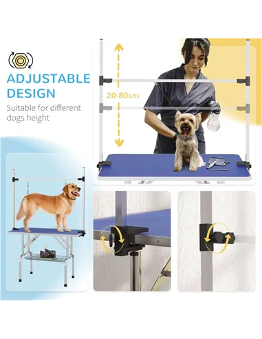 PawHut 42" Dog Grooming Table, Adjustable Pet Cat Drying Beauty Table with 2 Loops Storage Basket, Rubber Top, Blue
