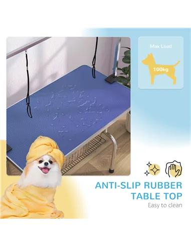 PawHut 42" Dog Grooming Table, Adjustable Pet Cat Drying Beauty Table with 2 Loops Storage Basket, Rubber Top, Blue