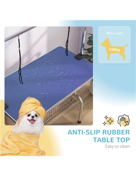 PawHut 42" Dog Grooming Table, Adjustable Pet Cat Drying Beauty Table with 2 Loops Storage Basket, Rubber Top, Blue