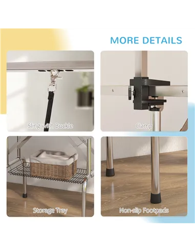 PawHut 42" Dog Grooming Table, Adjustable Pet Cat Drying Beauty Table with 2 Loops Storage Basket, Rubber Top, Blue