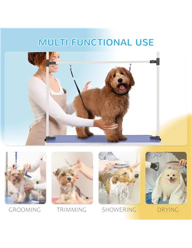 PawHut 42" Dog Grooming Table, Adjustable Pet Cat Drying Beauty Table with 2 Loops Storage Basket, Rubber Top, Blue