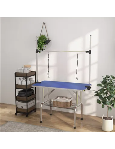 PawHut 42" Dog Grooming Table, Adjustable Pet Cat Drying Beauty Table with 2 Loops Storage Basket, Rubber Top, Blue