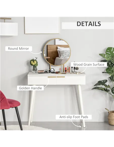 HOMCOM Elegant Dressing Table, with Round Mirror, 80 x 40 x 123 cm - White