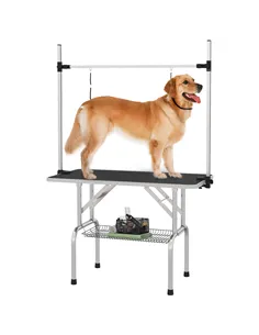 PawHut 42" Dog Grooming Table, Adjustable Pet Cat Drying Beauty Table with 2 Loops Storage Basket, Rubber Top, Black