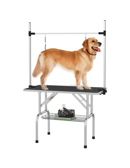 PawHut 42" Dog Grooming Table, Adjustable Pet Cat Drying Beauty Table with 2 Loops Storage Basket, Rubber Top, Black