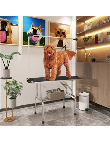 PawHut 42" Dog Grooming Table, Adjustable Pet Cat Drying Beauty Table with 2 Loops Storage Basket, Rubber Top, Black