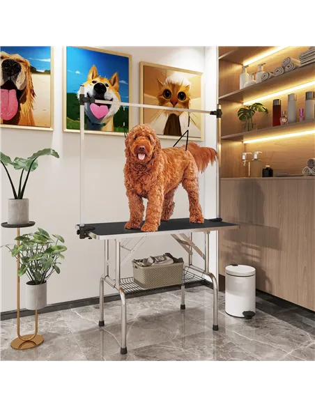 PawHut 42" Dog Grooming Table, Adjustable Pet Cat Drying Beauty Table with 2 Loops Storage Basket, Rubber Top, Black