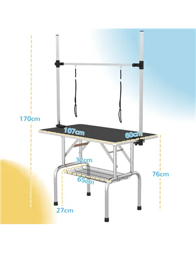 PawHut 42" Dog Grooming Table, Adjustable Pet Cat Drying Beauty Table with 2 Loops Storage Basket, Rubber Top, Black